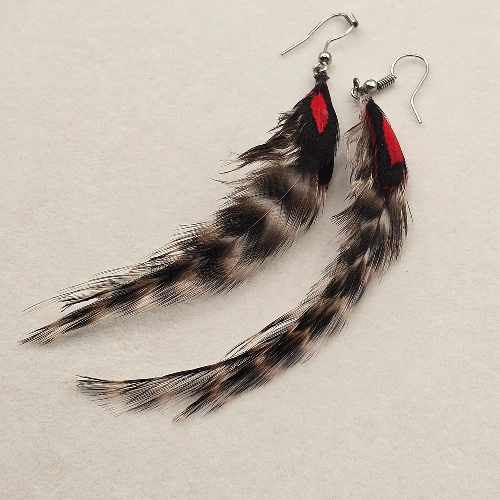 Feather Dangle Earrings‎ 4"+ Brown Red Grizzly Striped Boho Chic Tribal Western - Picture 3 of 12